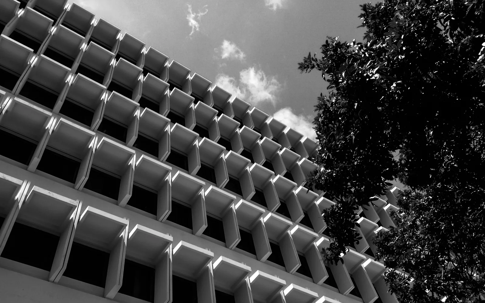 Brutalist architecture of UC Irvine's Humanities Hall, designed by William Pereira in 1965